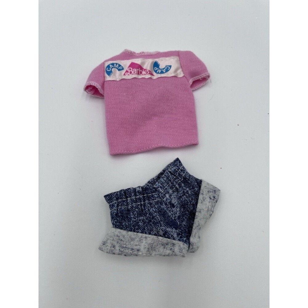 Vintage 1989 Camp Barbie Fashion Clothing Denim Shorts Pink Print Top Outfit